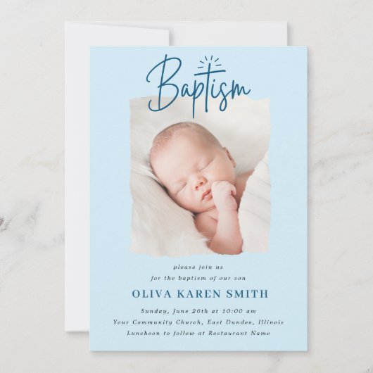 Script Handgeschriebene Taufe Christening Foto Boy Einladung (Vorderseite)