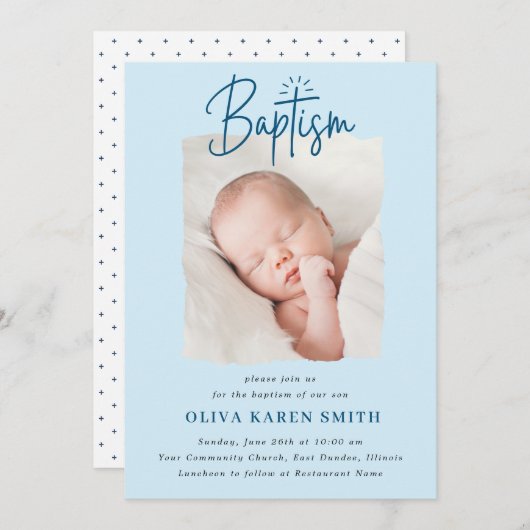 Script Handgeschriebene Taufe Christening Foto Boy Einladung (Vorne/Hinten)