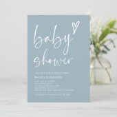 Script Heart Dusty Blue Boy Baby Dusche Einladung (Stehend Vorderseite)