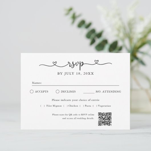 Script Heart QR Code Photo Off White RSVP (Stehend Vorderseite)