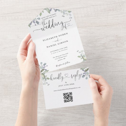 Script Hearts Floral Greenerity QR Code Hochzeit All In One Einladung (Abreißen)