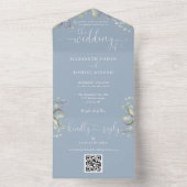 Script Hearts floral QR Code Dusty Blue Wedding All In One Einladung (Innen Boden)