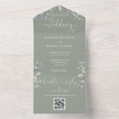 Script Hearts floral QR Code Sage Green Wedding All In One Einladung (Innen Boden)