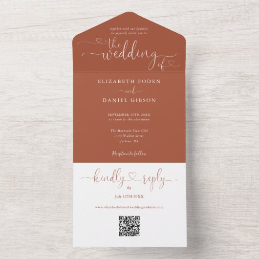 Script Hearts Terracotta QR Code Hochzeit All In One Einladung (Innen Boden)