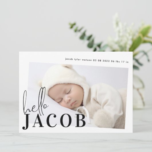 Script Hello Name Black Minimalistisch Foto Baby Ankündigung (Stehend Vorderseite)