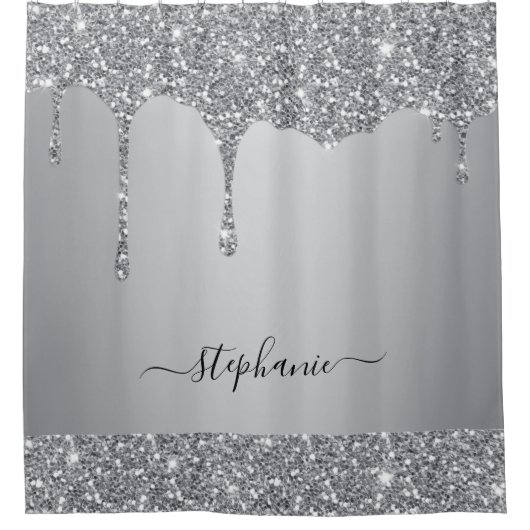 Script Individuelle Name Silver Glitzer Tropfen Lu Duschvorhang (Vorderseite)