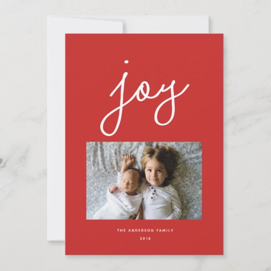 Script Joy Personalisiert Red Holiday Foto Card Feiertagskarte (Vorderseite)
