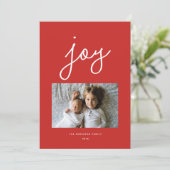 Script Joy Personalisiert Red Holiday Foto Card Feiertagskarte (Stehend Vorderseite)