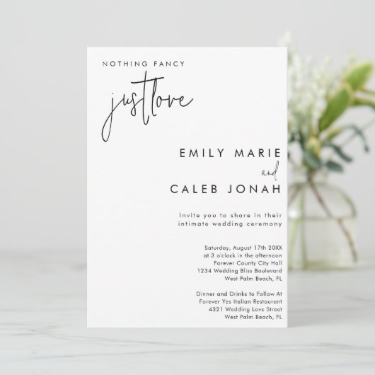 Script Just Liebe Chic Intimate Wedding Courthouse Einladung (Stehend Vorderseite)