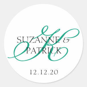 Script K Monogram Labels (Smaragd / schwarz) Runder Aufkleber