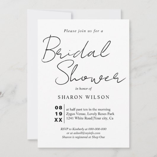 Script-Kalligrafie, Schwarzweiß-Brautparty Einladung (Vorderseite)