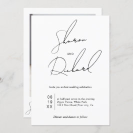 Script-Kalligraphie Schwarz-Weiß-Hochzeit-Foto Einladung