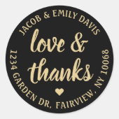 Script-Liebe & Dank Black & Gold-Rücksendeadresse Runder Aufkleber (Vorderseite)