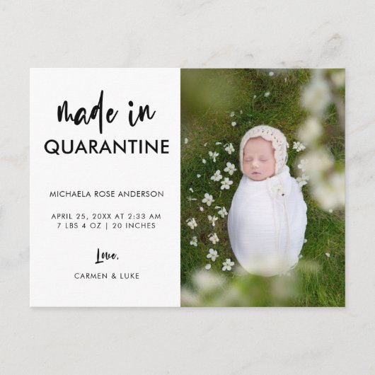 Script Made in Quarantine Newborn Elegant Simple Ankündigungspostkarte (Vorderseite)