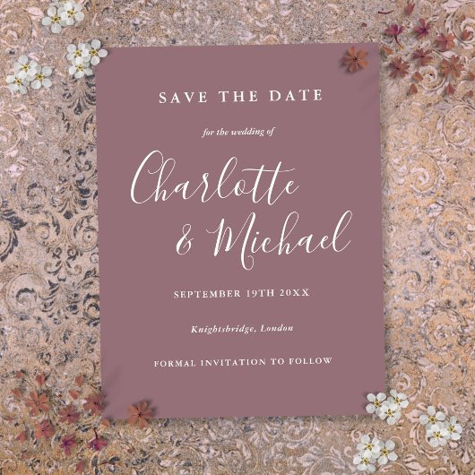 Script Mauve Wedding Save the Date Card Postkarte