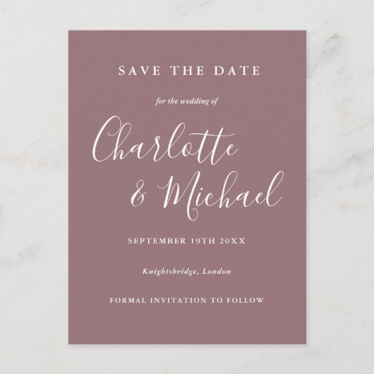 Script Mauve Wedding Save the Date Card Postkarte (Vorderseite)