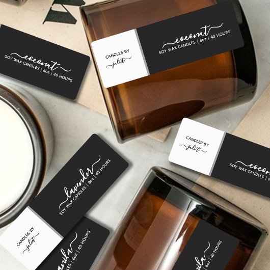 Script Medium Thin Black & White Candle Label Etiketten