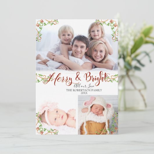 Script Merry Bright Berry Foliage Rose Gold Foto (Stehend Vorderseite)