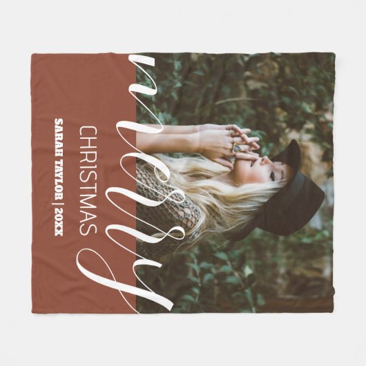 Script Merry Christmas Foto Name Personalisiert Fleecedecke (Vorderseite (Horizontal))
