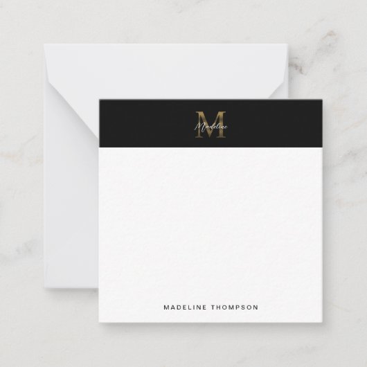 Script Metallic Black Gold Monogram Square Mini Mitteilungskarte (Vorderseite)
