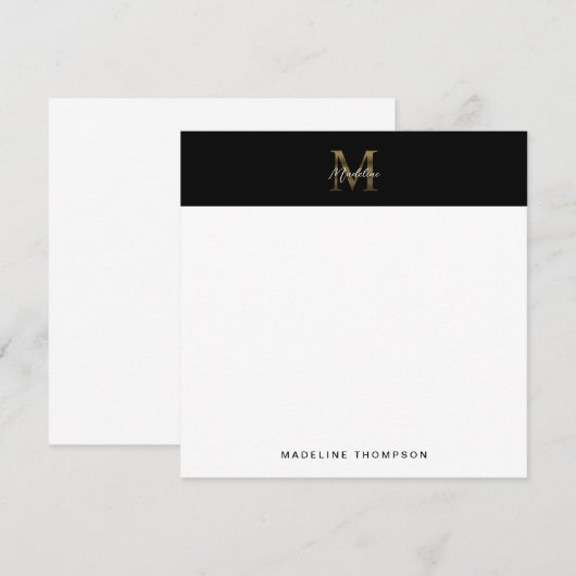 Script Metallic Black Gold Monogram Square Mitteilungskarte (Vorne/Hinten)