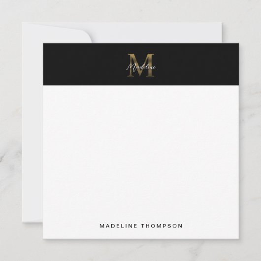 Script Metallic Black Gold Monogram Square Mitteilungskarte (Vorderseite)