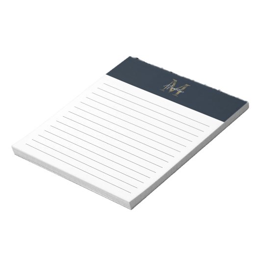 Script Metallic Navy Blue Gold Monogram Lined Notizblock (Rotiert)