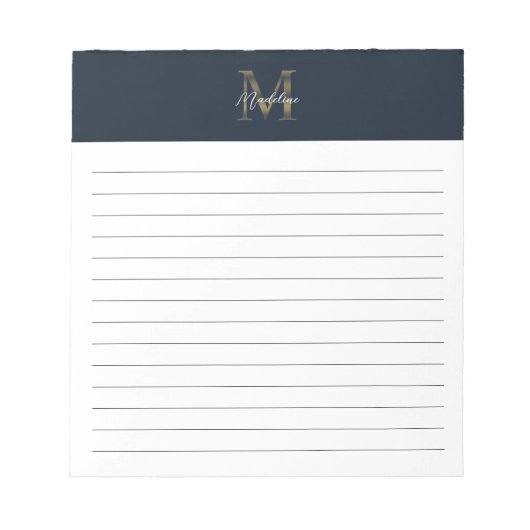 Script Metallic Navy Blue Gold Monogram Lined Notizblock (Vorderseite)