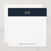 Script Metallic Navy Blue Gold Monogram Square Mitteilungskarte (Vorne/Hinten)