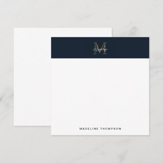 Script Metallic Navy Blue Gold Monogram Square Mitteilungskarte (Vorne/Hinten)