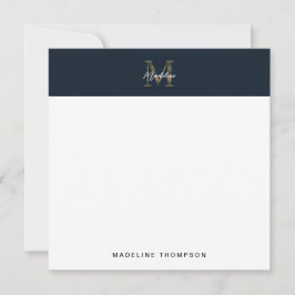 Script Metallic Navy Blue Gold Monogram Square Mitteilungskarte