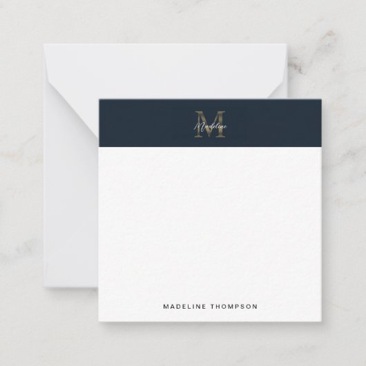 Script Metallic Navy Gold Monogram Square Mini Mitteilungskarte (Vorderseite)