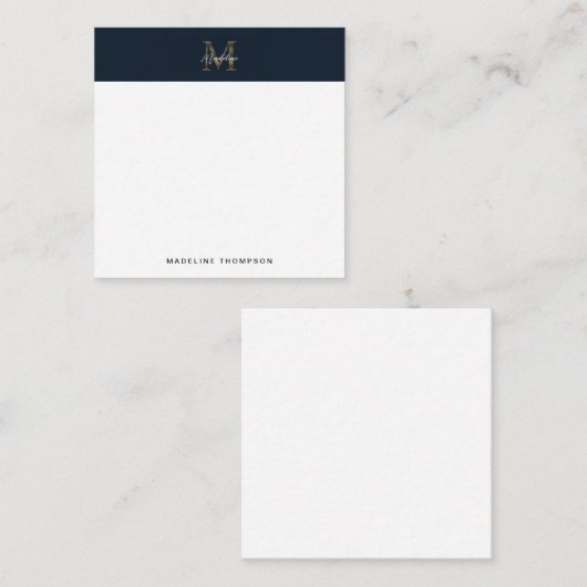 Script Metallic Navy Gold Monogram Square Mini Mitteilungskarte (Vorne/Hinten)