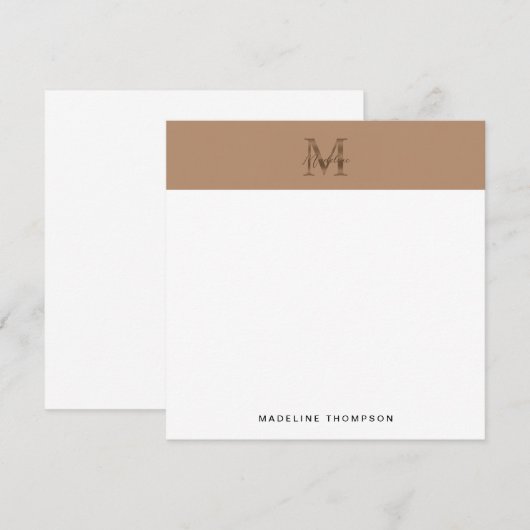 Script Metallic Taupe Gold Monogram Square Mitteilungskarte (Vorne/Hinten)