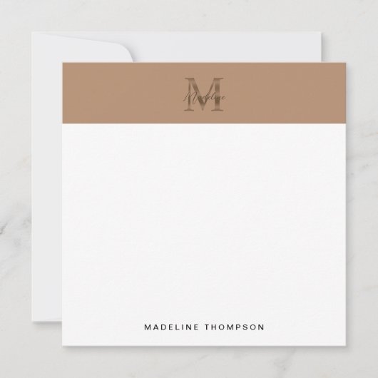 Script Metallic Taupe Gold Monogram Square Mitteilungskarte (Vorderseite)