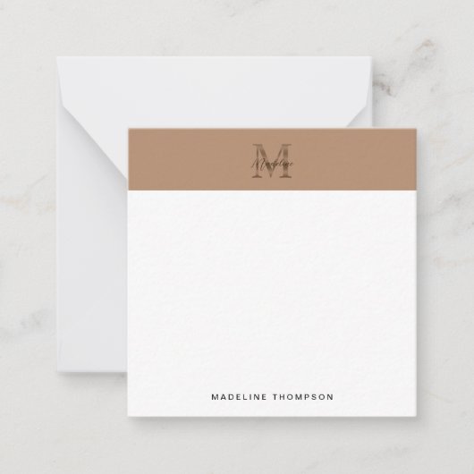Script Metallic Taupe Gold Monogram Square Mitteilungskarte (Vorderseite)