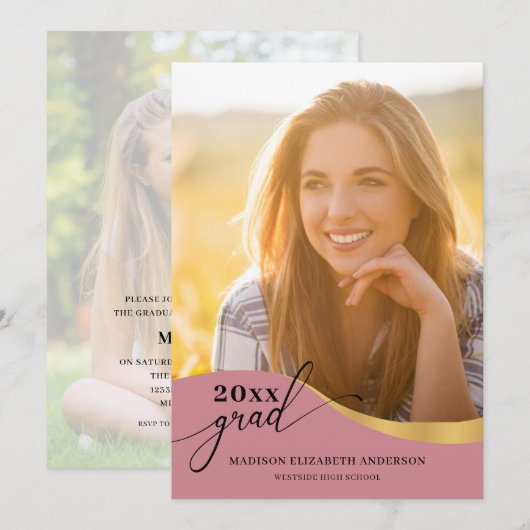 Script Modern Form Foto Rose Gold Abschluss Einladung (Vorne/Hinten)