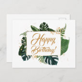 Script Modern Green Blätter Happy Birthday Postkarte (Vorne/Hinten)