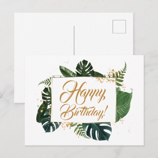 Script Modern Green Blätter Happy Birthday Postkarte (Vorne/Hinten)