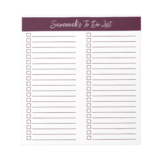 Script Modern Red Brown Two Column Checklist Notizblock (Vorderseite)