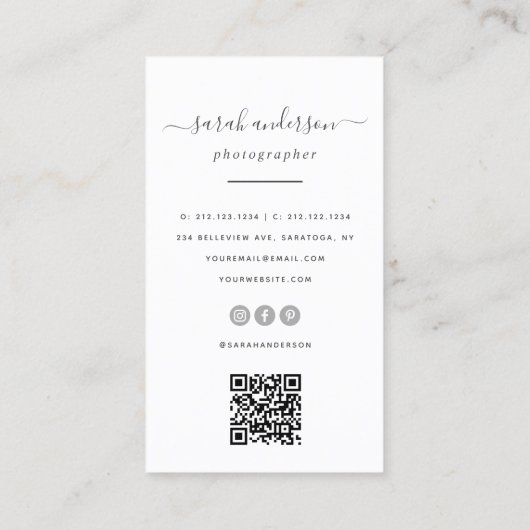 Script Modern Typografy Fotograf QR CODE Visitenkarte (Rückseite)