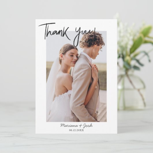 Script Modern Wedding 2 Photos Thank You Card Dankeskarte (Stehend Vorderseite)