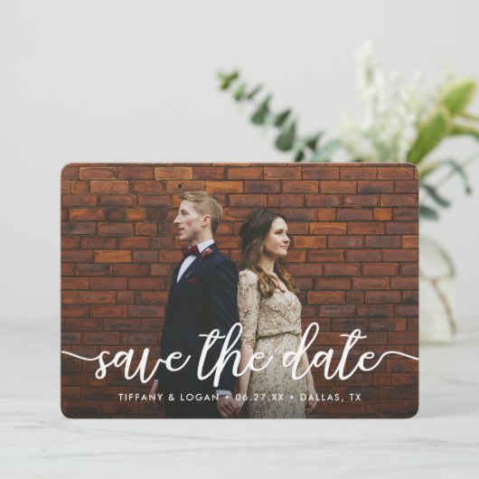 Script Modern Wedding Marble Foto Save the Date (Stehend Vorderseite)