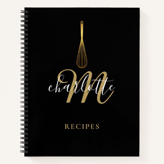 Script Monogram Black Gold Whisk Rezept Notizblock (Vorderseite)
