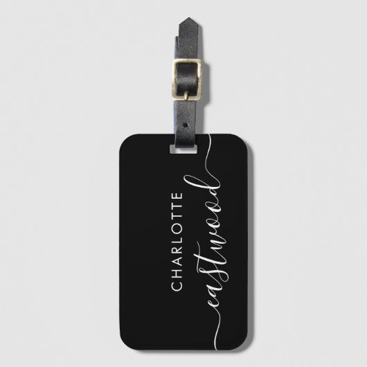 Script Monogram Black Luggage Tag Gepäckanhänger (Vorderseite Vertikal)