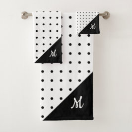 Script Monogram Black on White Polka Dot Pattern Badhandtuch Set