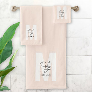 Script Monogram Blush Pink Moderne Chic Signatur Badhandtuch Set