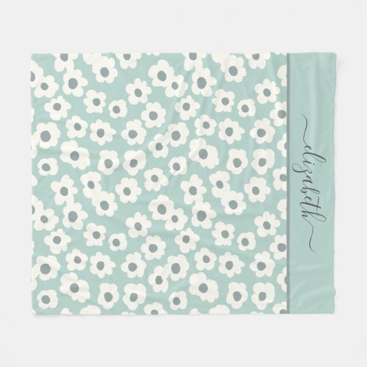 Script Monogram Boho Green White Grey Floral Fleecedecke (Vorderseite (Horizontal))
