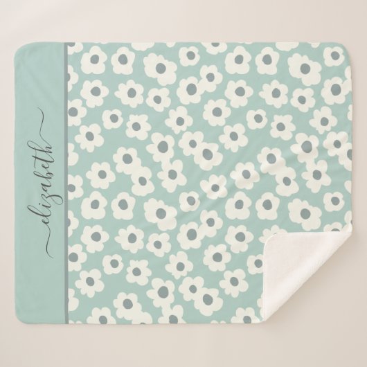 Script Monogram Boho Green White Grey Floral Sherpadecke (Vorderseite (Horizontal))