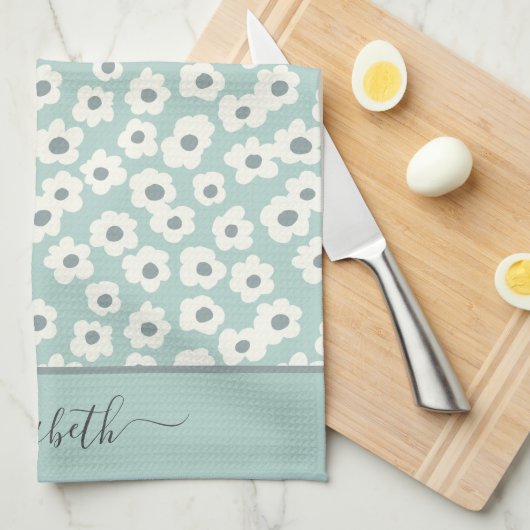 Script Monogram Boho Sage Green White Grey Floral Geschirrtuch (Viertel Falte)